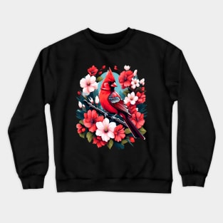 Cute Northern Cardinal Surrounded by Vibrant Spring Flowers Crewneck Sweatshirt